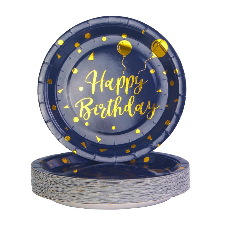 EVYIENEN 50 Pack Disposable Paper Plates 7 inch Dark Blue Gold Happy Birthday Metallic Foil Polka Dots Dessert Party Plates for Graduation Birthday Cocktail Party Weddings Holiday Christmas - Image 1