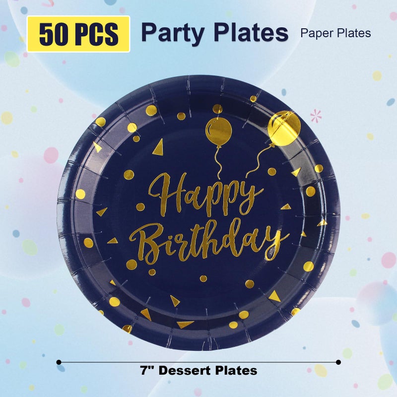 EVYIENEN 50 Pack Disposable Paper Plates 7 inch Dark Blue Gold Happy Birthday Metallic Foil Polka Dots Dessert Party Plates for Graduation Birthday Cocktail Party Weddings Holiday Christmas - Image 2