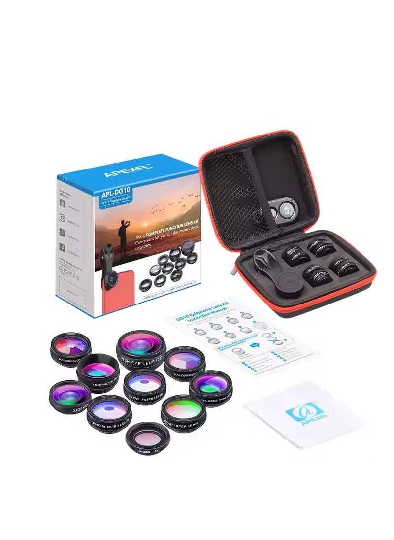 APEXEL Apexel APL-DG10 10 in 1 Fisheye Wide Angle Macro Lens CPL Filter Kaleidoscope 2X Telescope Lens Set  - Image 1
