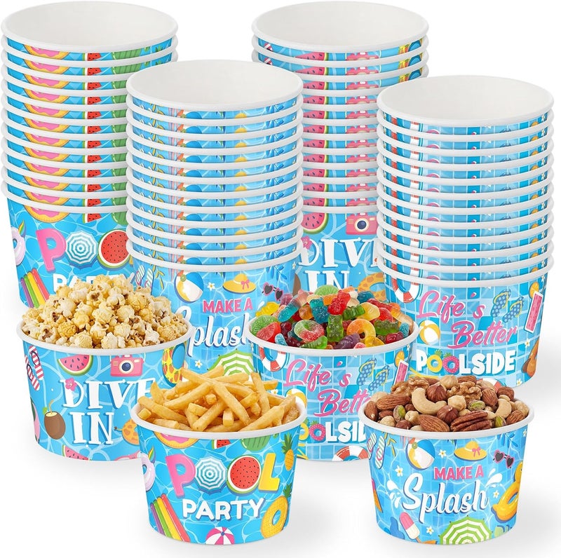 Romooa 48 Pcs 9oz Summer Swimming Pool Paper Bowls Treat Snack Cups Summer Ice Cream Dessert Bowl Treat Snack Cup for Hot or Cold Food Flamingo Swimming Ring Plant Patterns Pool Party Favor Supplies - Image 1