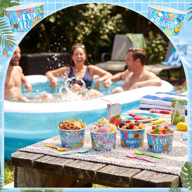 Romooa 48 Pcs 9oz Summer Swimming Pool Paper Bowls Treat Snack Cups Summer Ice Cream Dessert Bowl Treat Snack Cup for Hot or Cold Food Flamingo Swimming Ring Plant Patterns Pool Party Favor Supplies - Image 4