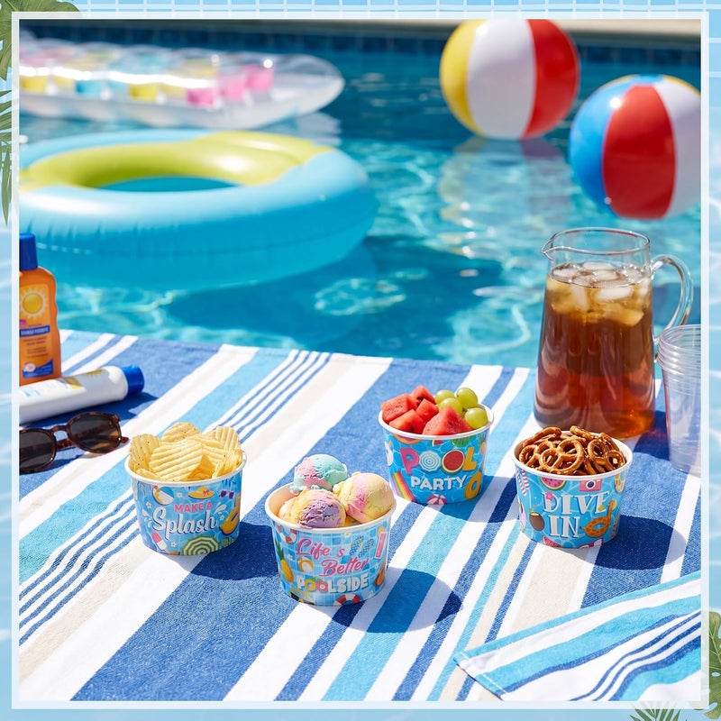 Romooa 48 Pcs 9oz Summer Swimming Pool Paper Bowls Treat Snack Cups Summer Ice Cream Dessert Bowl Treat Snack Cup for Hot or Cold Food Flamingo Swimming Ring Plant Patterns Pool Party Favor Supplies - Image 5