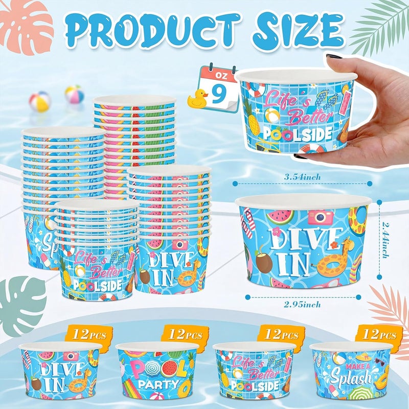 Romooa 48 Pcs 9oz Summer Swimming Pool Paper Bowls Treat Snack Cups Summer Ice Cream Dessert Bowl Treat Snack Cup for Hot or Cold Food Flamingo Swimming Ring Plant Patterns Pool Party Favor Supplies - Image 2