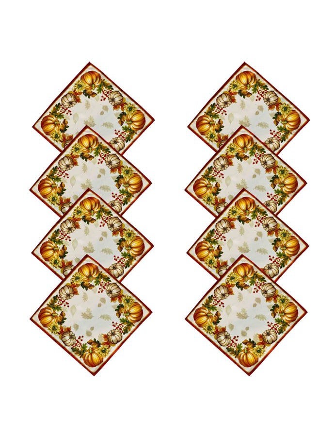 Newbridge Blue Pumpkin Farmhouse Harvest Bordered Thanksgiving Fabric Napkins, Stonewashed Fall Pumpkin and Sunflower Cottage Print Easy Care Napkins, Set of 8 Fabric Bordered Napkins - Image 2