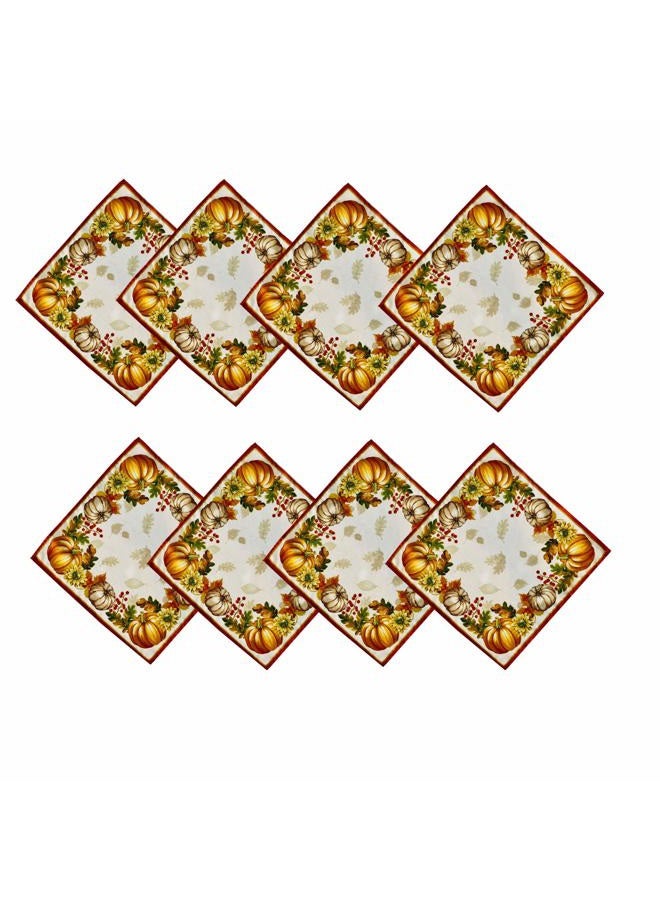 Newbridge Blue Pumpkin Farmhouse Harvest Bordered Thanksgiving Fabric Napkins, Stonewashed Fall Pumpkin and Sunflower Cottage Print Easy Care Napkins, Set of 8 Fabric Bordered Napkins - Image 1