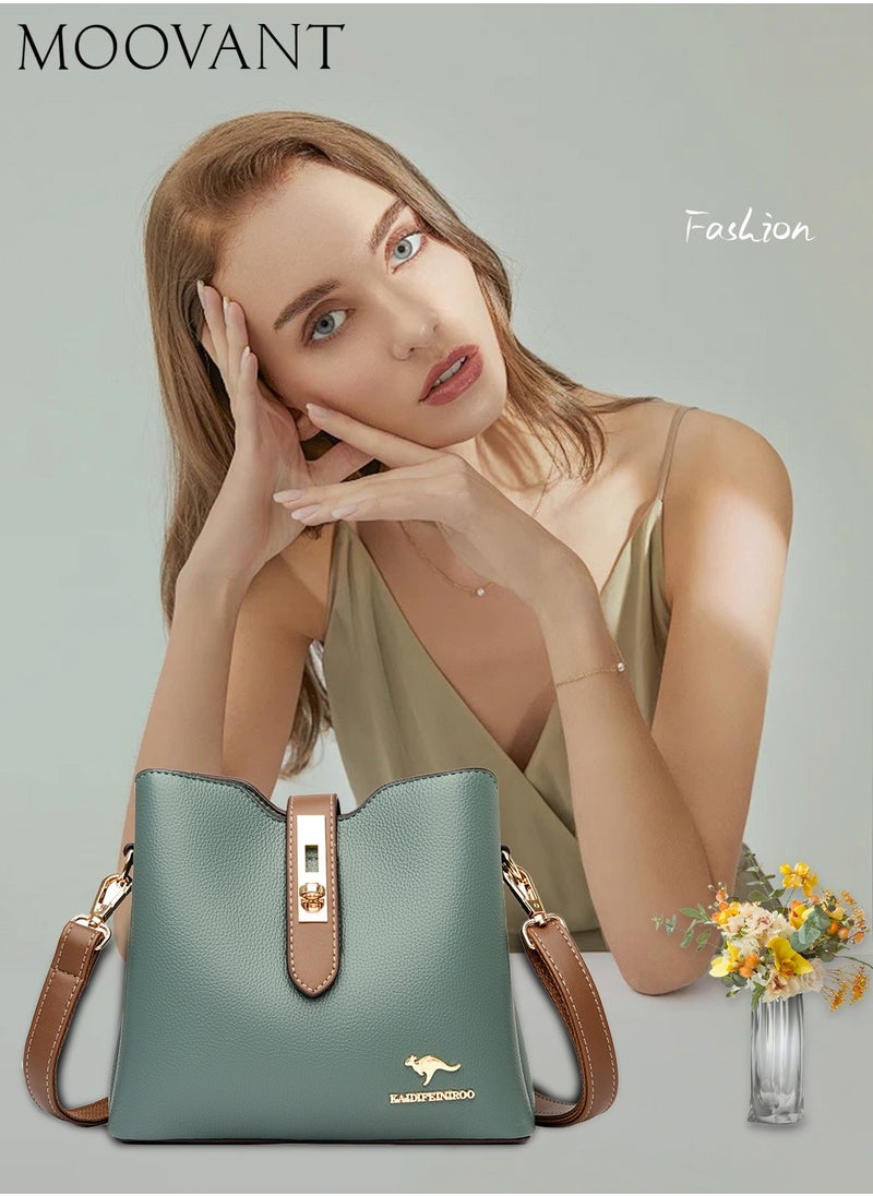 Moovant - Premium Leather Women Shoulder Bag, Women's Handbag, Elegant Patent Leather Bag, Waterproof Tote Bag, Large Capacity Bucket Bag with 2 Shoulder Straps, Green - Image 1