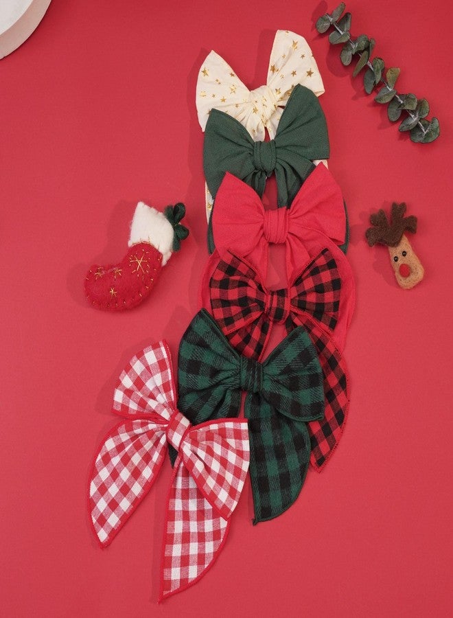 CellElection 6PCS Christmas Hair Bows Linen Fable Bows for Toddlers Girls Large Bows Hair Clips Handmade Christmas Hair Accessories for Toddlers Little Girls - Image 2