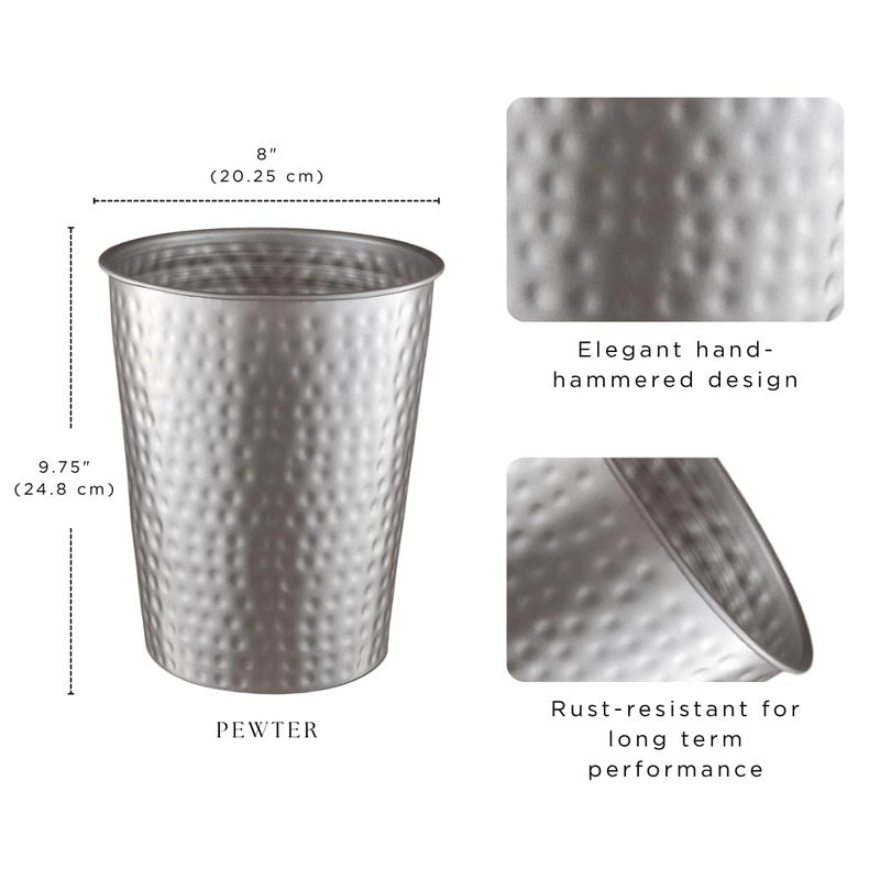 Monarch Abode Metal Bathroom Trash Can – Waste Basket for Bedroom, Office Desk, & Dorm, Hand Hammered, Durable Decorative Pewter Small Trash Can Bathroom Garbage Bin Wastebasket - Image 2