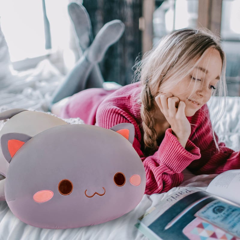 FUYU Cat Stuffed Animals, Soft Cat Plush Pillow Kawaii Kitten Stuffed Animal Toy Gifts for Kids Boys Girls Room Decor (Grey Round Eyes,15in/37cm) - Image 2