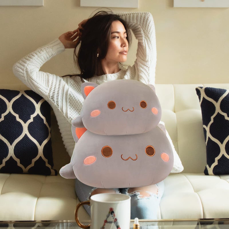 FUYU Cat Stuffed Animals, Soft Cat Plush Pillow Kawaii Kitten Stuffed Animal Toy Gifts for Kids Boys Girls Room Decor (Grey Round Eyes,15in/37cm) - Image 4