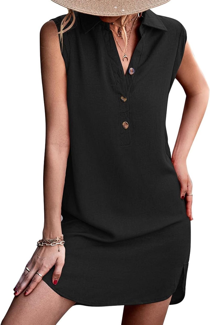 woobles Women's Sleeveless Summer Dress, V Neck Casual Short Split Tank Dress, T Shirt A Line Summer Dress Midi Casual Dress-Black - Image 1