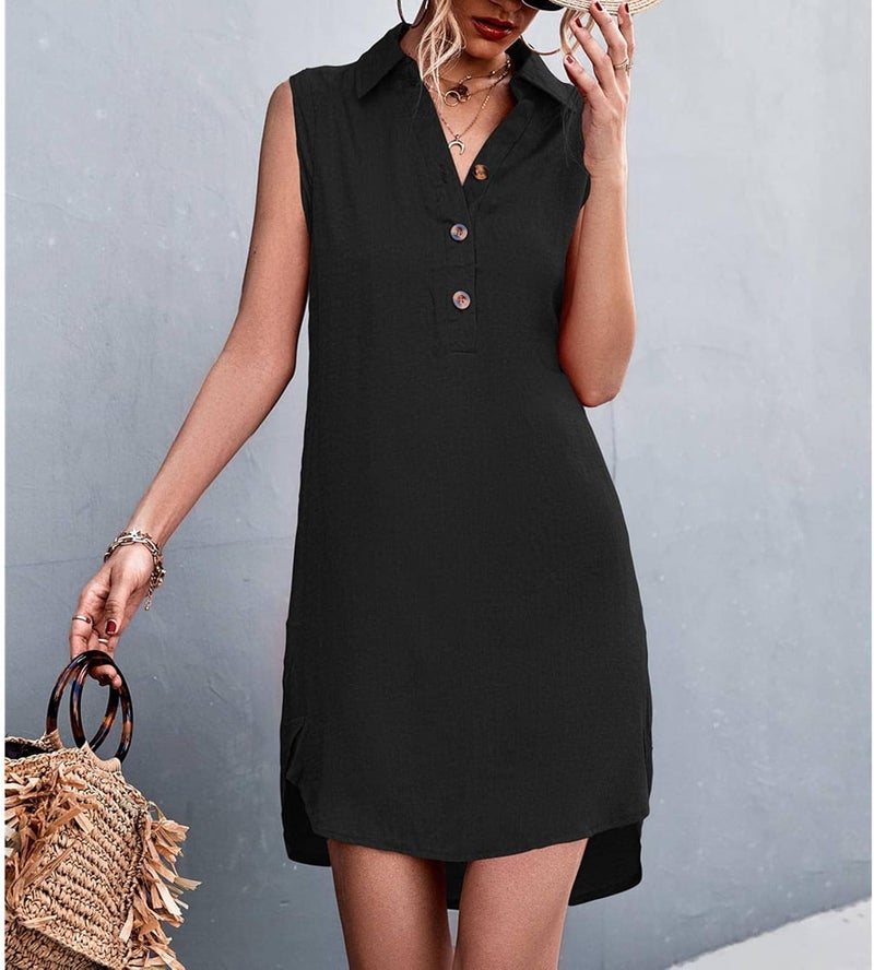 woobles Women's Sleeveless Summer Dress, V Neck Casual Short Split Tank Dress, T Shirt A Line Summer Dress Midi Casual Dress-Black - Image 5