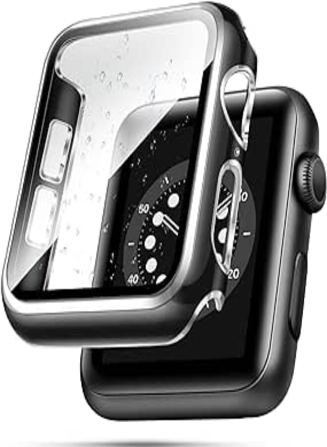 حافظة top4cus مقاس 45 مم متوافقة مع Apple Watch، مع واقي شاشة زجاجي مقوى مدمج، غطاء من البولي كربونات لسلسلة iWatch 9/8/7/SE 2rd SE 6 5 4/3 2 للاختيار (45 مم، حافة سوداء + فضية)