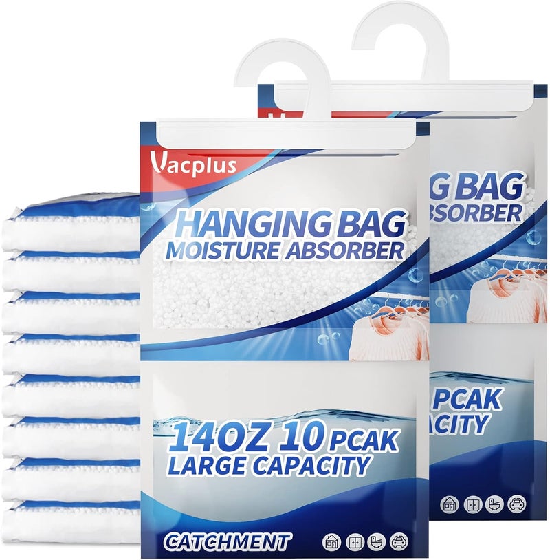 Vacplus Moisture Absorber, 10 Pack Portable Dehumidifiers for Closet and Enclosed Space, 14 OZ Dehumidifier Bags Effectively Trap Extra Moisture, Hanging Moisture Absorbers Eliminate Unpleasant Smell - Image 1