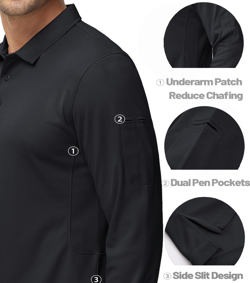 MAGCOMSEN Men's Classic Fit Golf Polo Shirt Long Sleeve Quick Dry Casual Polyester Black - Image 4