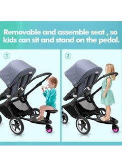 Stroller Board With Seat, Fits on Pushchair, Pram, Stroller Accessory, Glider Ride-on Foot Pedal for Older Kid， Universal, Compact-Fold, Wheel with Shock Absorption, Detachable, Compatible Up to 2Y