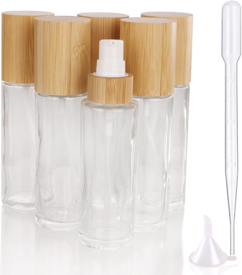 COSIDEA 6 pcs Empty 2oz / 60ml bamboo lids clear glass bottle with lotion pump dispenser, refillable emulsion cosmetic cream bottles, toiletries refill travel container