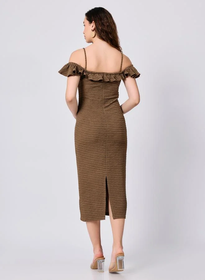 Outzidr  Olive Midi Textured Dress with Ruffle Detail for Women | Best Price UAE