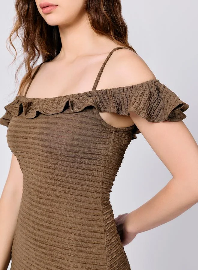 Outzidr  Olive Midi Textured Dress with Ruffle Detail for Women | Best Price UAE