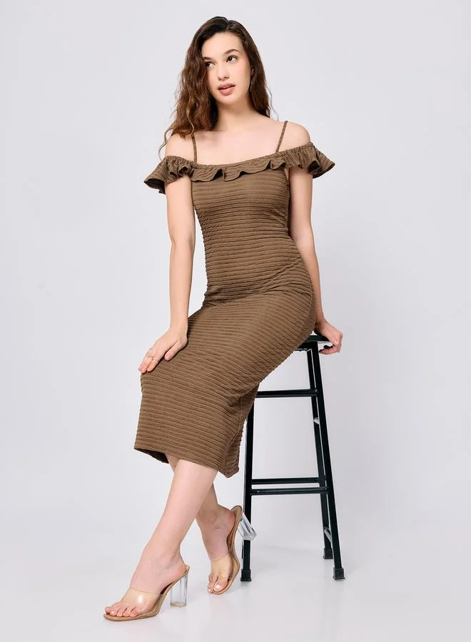 Outzidr  Olive Midi Textured Dress with Ruffle Detail for Women | Best Price UAE