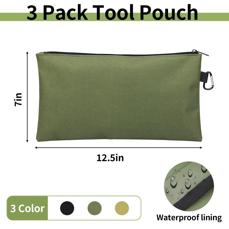 Coidea 3 Pack Tool Bag Zipper Pouch  Premium Tool Pouch  Utility Multipurpose Storage Organizer Tool Pouches With Carabiner Metal Zipper For Tools  Stationary  Pencil Pouch (3 Pack  Tan  Navy Green  Black) - Image 2