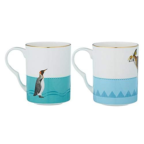 YVONNE ELLEN Set of 2 Mugs, Cups, Bone China with Gilt Gold Detail, Designed in England, Pretty Pastel Color with Quirky Pattern (Leopard and Penguin) - Image 4