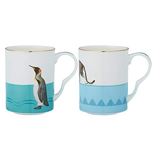 YVONNE ELLEN Set of 2 Mugs, Cups, Bone China with Gilt Gold Detail, Designed in England, Pretty Pastel Color with Quirky Pattern (Leopard and Penguin) - Image 2