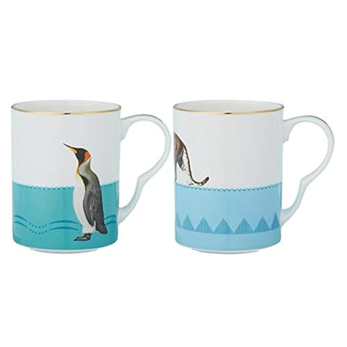 YVONNE ELLEN Set of 2 Mugs, Cups, Bone China with Gilt Gold Detail, Designed in England, Pretty Pastel Color with Quirky Pattern (Leopard and Penguin) - Image 1