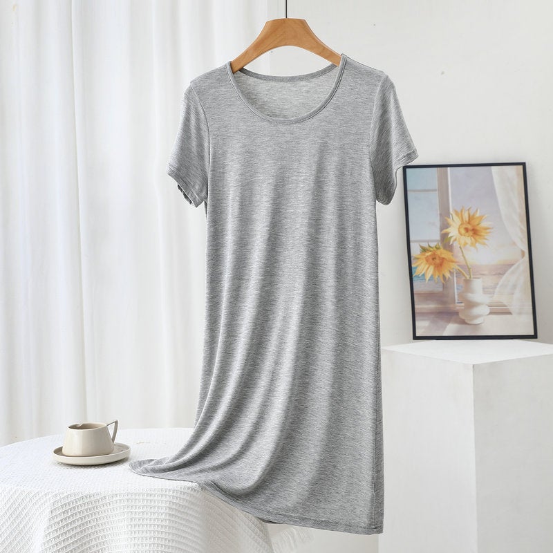 Modal short sleeve dress womens summer thin loose underskirt plus size outer wear round neck bottoming skirt home casual dress Regular light gray