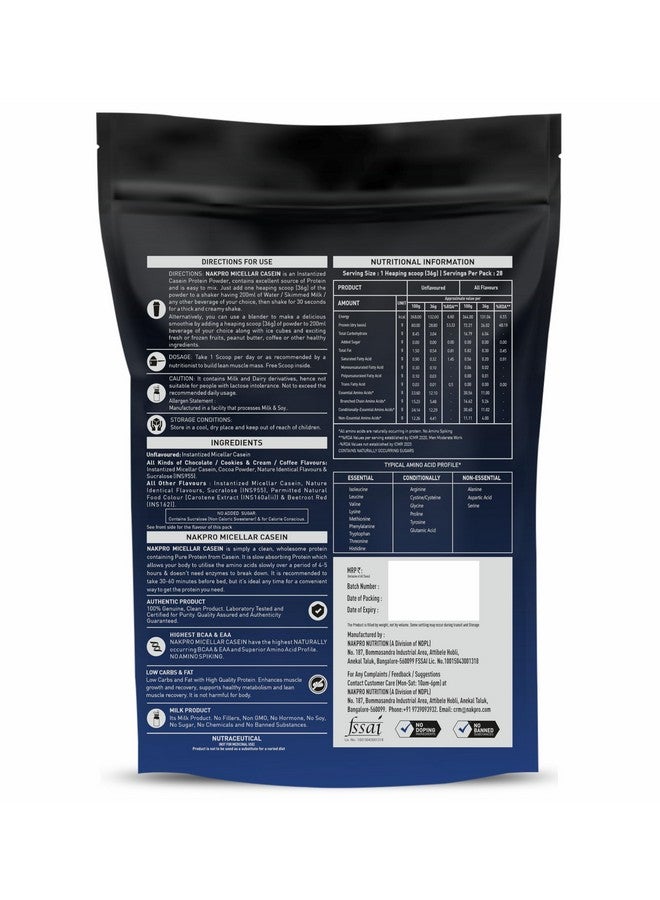 NAKPRO 100% Micellar Casein Protein Supplement | 28.80g Protein, 12.10g EAAs, 5.48g BCAA | Slow Absorbing Micellar Casein Protein Powder (Unflavoured, 1 Kg) - Image 2