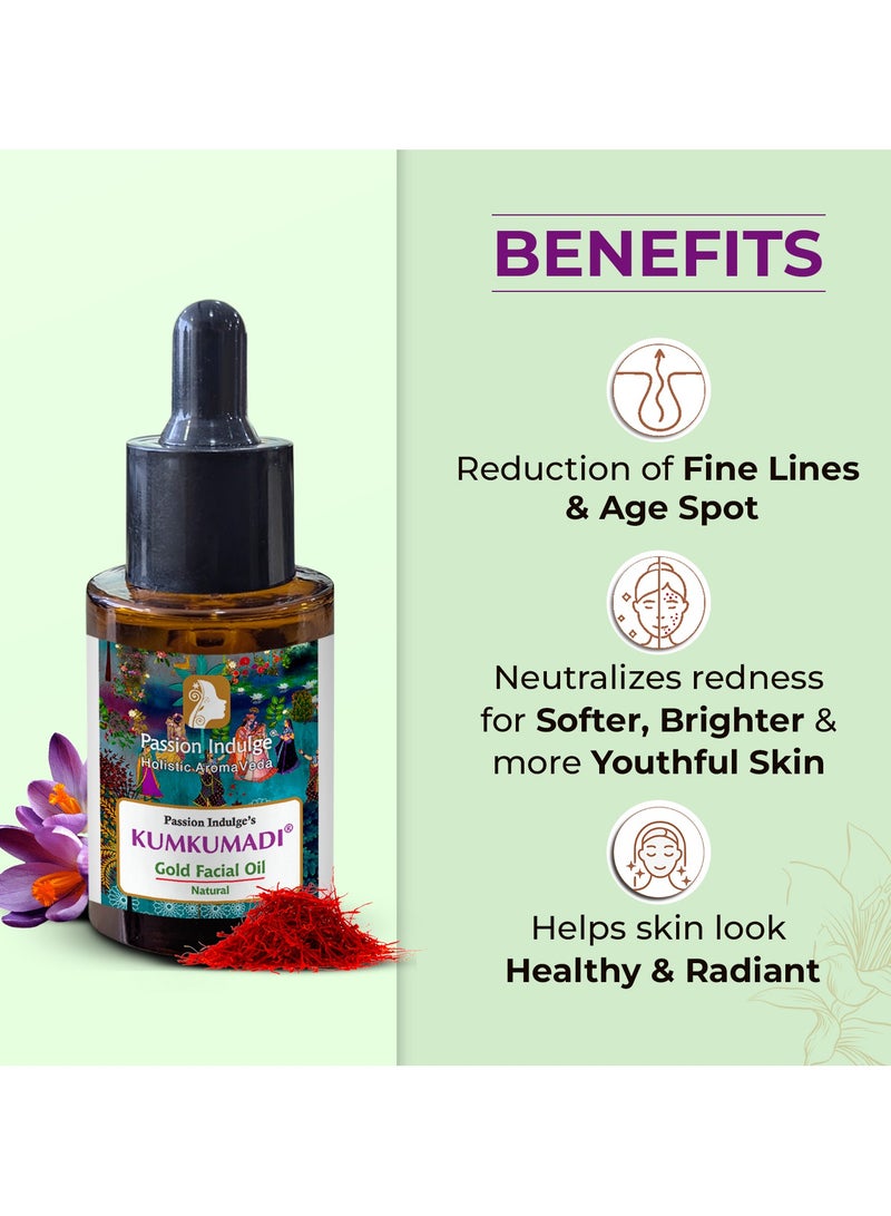 passion indulge زيت الوجه كُمكُمادي الذهبي من Passion Indulge | يضيء وينعش البشرة | زيت وجه أيورفيدي مع الزعفران، الفيتيفر، الزيوت الأساسية و16 عشبة | يدعم مرونة البشرة ويقلل البقع الداكنة -30 مل - Image 3