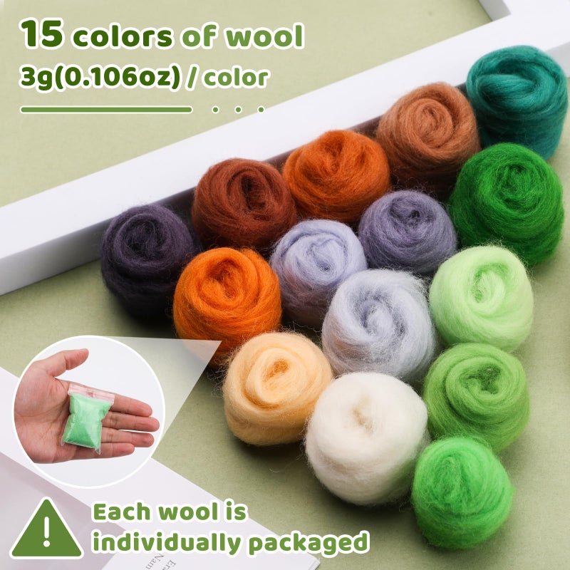 Mayboos 15 Colors Fiber Wool Yarn, Fiber Wool Yarn Roving, Spinning Wool Roving for Needle Felting, DIY Hand Spinning, Needle Felting Wool Craft, 3g/Color - Image 2