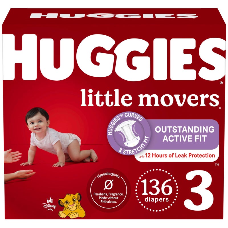 Huggies Size 3 Diapers, Little Movers Baby Diapers, Size 3 (16-28 lbs), 136 Count, Packaging May Vary - Image 1