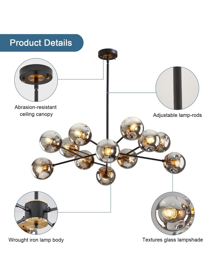 YD Modern Black Chandelier Sputnik Ceiling Light Fixture with 12 Globe Glass Shade Chandeliers for Dining Room Farmhouse Kitchen Living Room Bedroom Office（34" Large Chandelier） - Image 3
