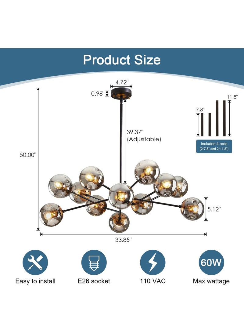 YD Modern Black Chandelier Sputnik Ceiling Light Fixture with 12 Globe Glass Shade Chandeliers for Dining Room Farmhouse Kitchen Living Room Bedroom Office（34" Large Chandelier） - Image 2