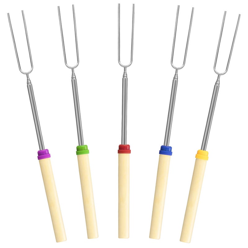 581224 مجموعة أعواد تحميص المارشميلو القابلة للتمديد بطول 32 بوصة أسياخ شواء معدنية بمقبض خشبي لمارشميلو وهوت دوغ للتخييم والشواء 5 عبوات