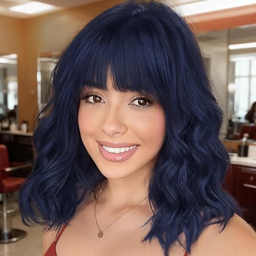 Nnzes Wig with Bangs for Women Short Bob Wavy Charming Synthetic Dark Blue Wigs with Natural Shoulder Length Curly Heat Resistant Hair for Daily Party Use - Image 1