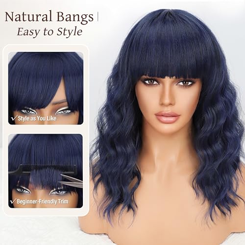 Nnzes Wig with Bangs for Women Short Bob Wavy Charming Synthetic Dark Blue Wigs with Natural Shoulder Length Curly Heat Resistant Hair for Daily Party Use - Image 3