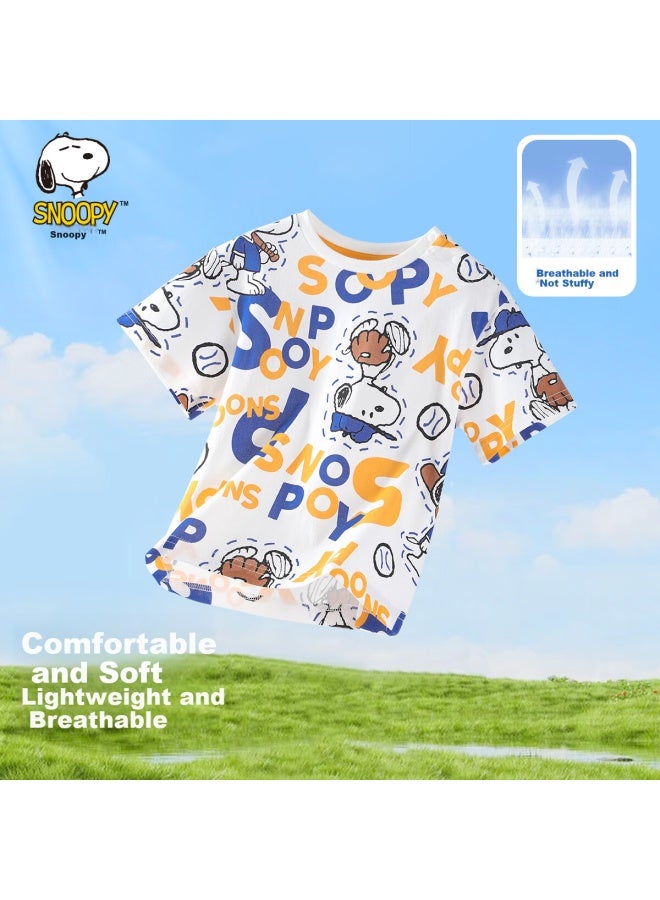 Snoopy Children'S Clothing, Boys' Short-Sleeve T-Shirt, Kids' All-Over Print Casual Half-Sleeve, Summer Baseball Snoopy White - Image 1