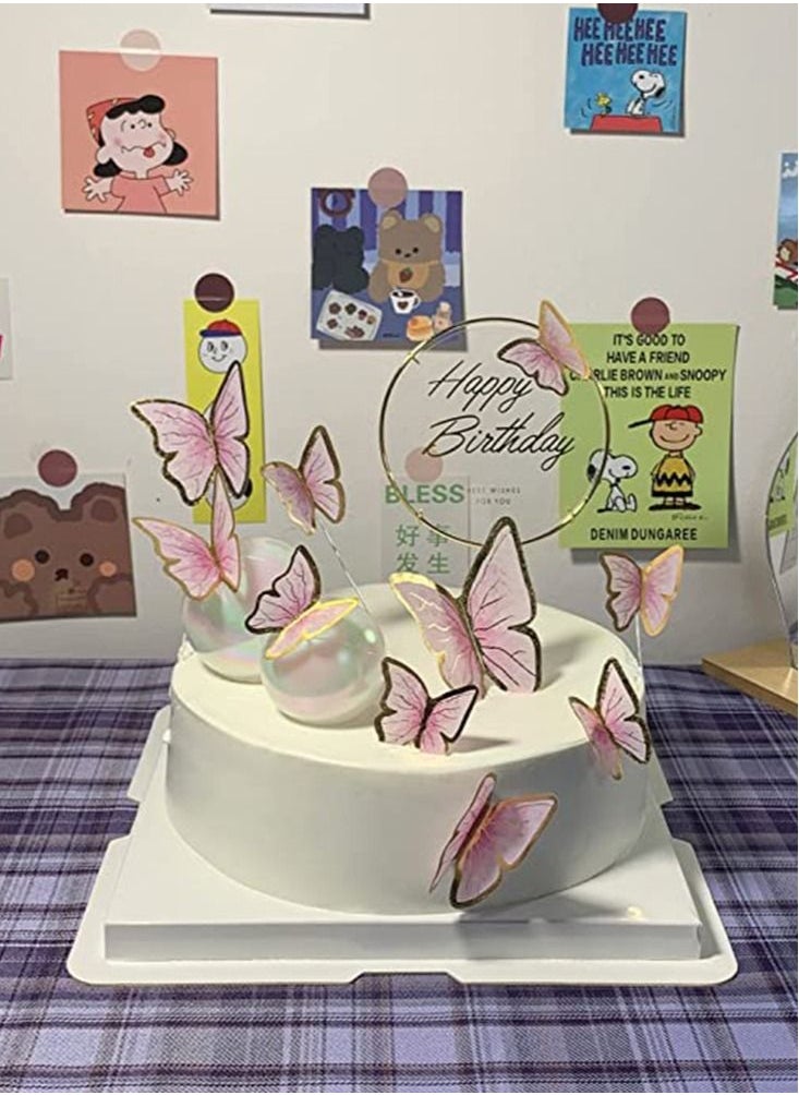 SYOSI 11 pieces Pink Gold Butterfly Cake Toppers Happy Birthday Metal Gold Butterfly Decorations Cake Butterfly Party Decorations Decorations Mixed Colour for Wedding Party Baby Shower Wall  - Image 1