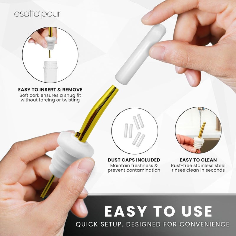 Esatto Stainless Steel Liquor Bar Bottle Pourers - Drip-Free Nozzle - Pour Spouts for Alcohol & Bartending - Universal Fit Speed Spout - Rust-Free & Easy Clean (Gold) - Image 5