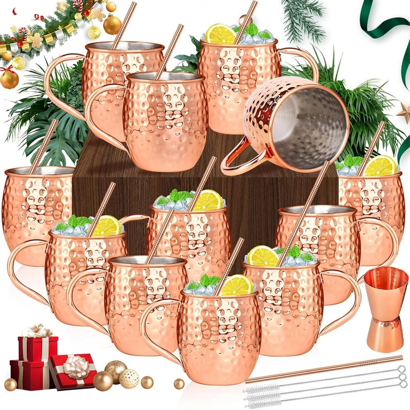 SuproBarware Moscow Mule Copper Mugs Moscow Mule Cups Kit 19oz Set of 12 with Handle Large Copper Hammered Plating Cups with 0.5oz Double Jigger, Stainless Steel Straws, Spoons for Cold Drinks Cocktails Wine - Image 1