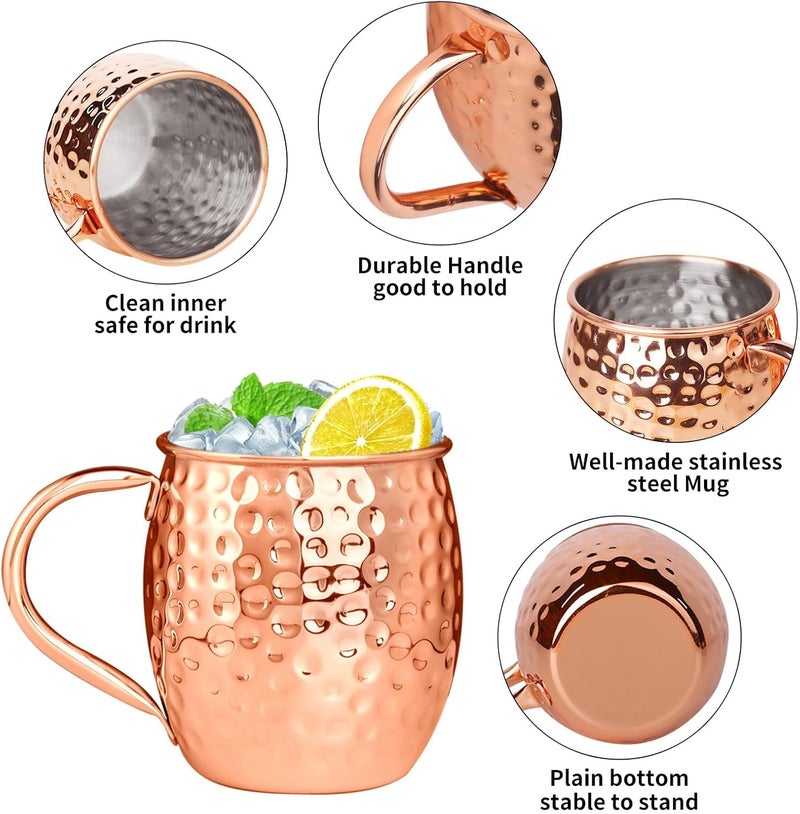 SuproBarware Moscow Mule Copper Mugs Moscow Mule Cups Kit 19oz Set of 12 with Handle Large Copper Hammered Plating Cups with 0.5oz Double Jigger, Stainless Steel Straws, Spoons for Cold Drinks Cocktails Wine - Image 3