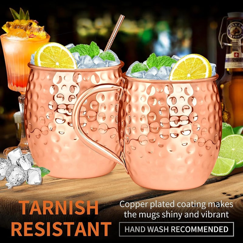 SuproBarware Moscow Mule Copper Mugs Moscow Mule Cups Kit 19oz Set of 12 with Handle Large Copper Hammered Plating Cups with 0.5oz Double Jigger, Stainless Steel Straws, Spoons for Cold Drinks Cocktails Wine - Image 4