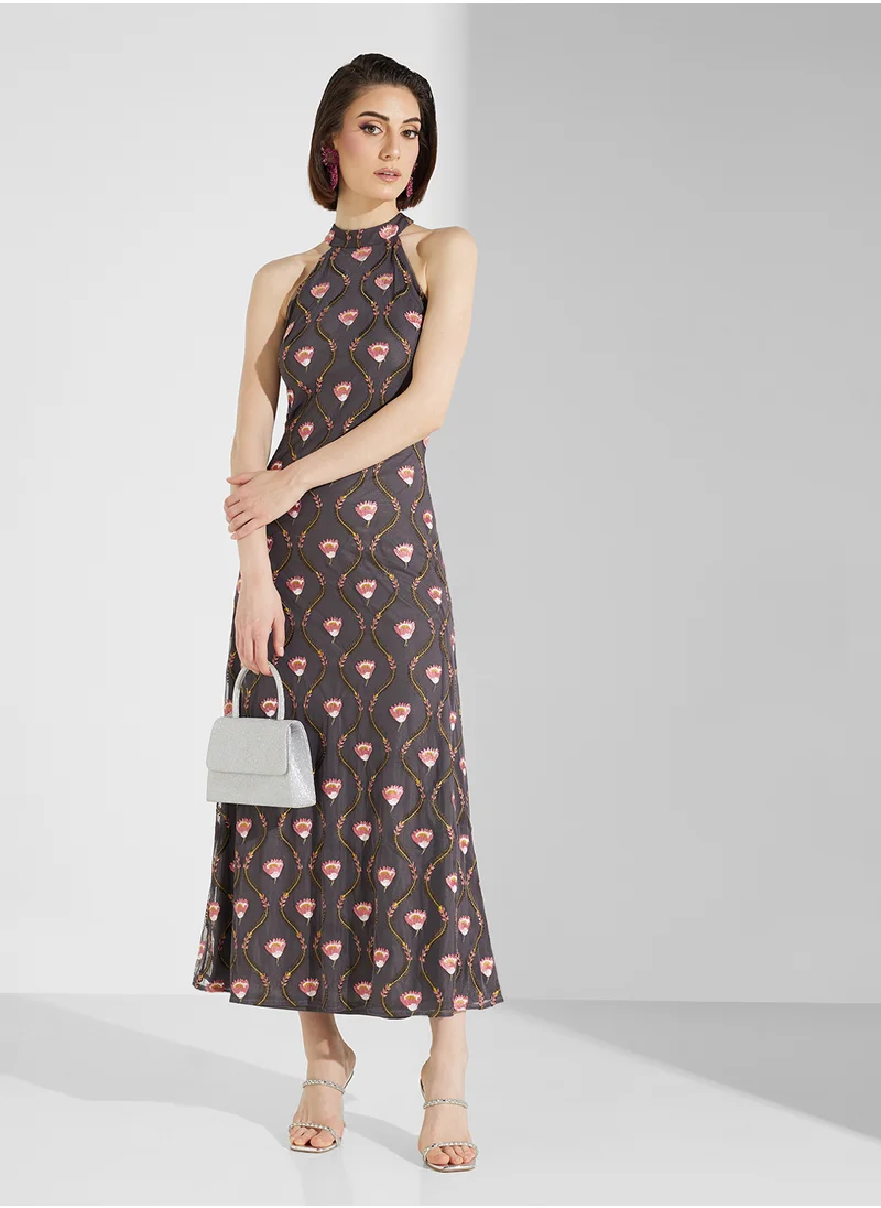 Frock and Frill Printed Halter Neck Midi Dress