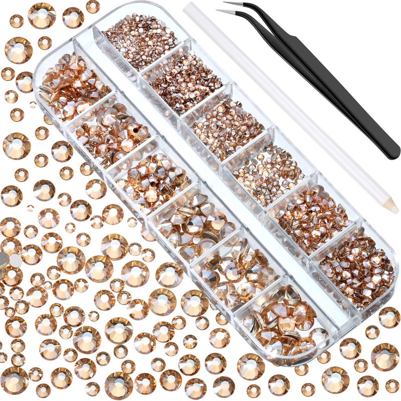 TecUnite 2000 Pcs Champagne Crystal Rhinestones Bulk for Crafting 6 Sizes Flatback Nail Rhinestones Round Bedazzling Gems with Tweezer Picking Pen for Nail Art Makeup Clothes Shoes DIY - Image 1