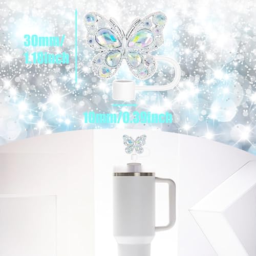 Cussom 6Pcs Shiny Straw Toppers, Colorful Diamond Butterfly Straw Covers Cap Compatible with Stanley Cups 30&40 Oz Tumbler with Handle, 10mm/4inches Reusable Silicone Bling Stanley Cup Accessories - Image 3