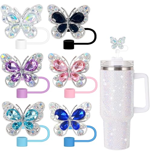Cussom 6Pcs Shiny Straw Toppers, Colorful Diamond Butterfly Straw Covers Cap Compatible with Stanley Cups 30&40 Oz Tumbler with Handle, 10mm/4inches Reusable Silicone Bling Stanley Cup Accessories - Image 1