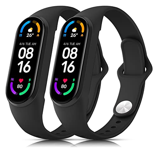 Tobfit Silicone Strap for Xiaomi Mi Band 5/ Mi Band 6 (Watch Not Include), Soft Wristbands for AMA zfit Band 5 6, Sport Strap for Women Men (2 Pack, Black/Black) - Image 1