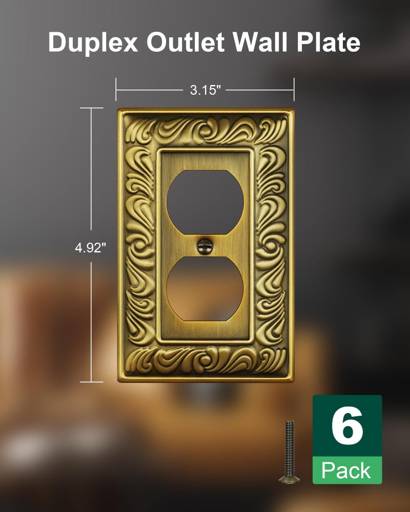 TREEWELL 6-Pack Duplex Outlet Cover Plate, Paisley Pattern Antique Brass Metal Wall Plates for Electrical Outlets, 1 Gang Receptacle Cover Decorative Switch Plates and Outlet Covers - Image 2
